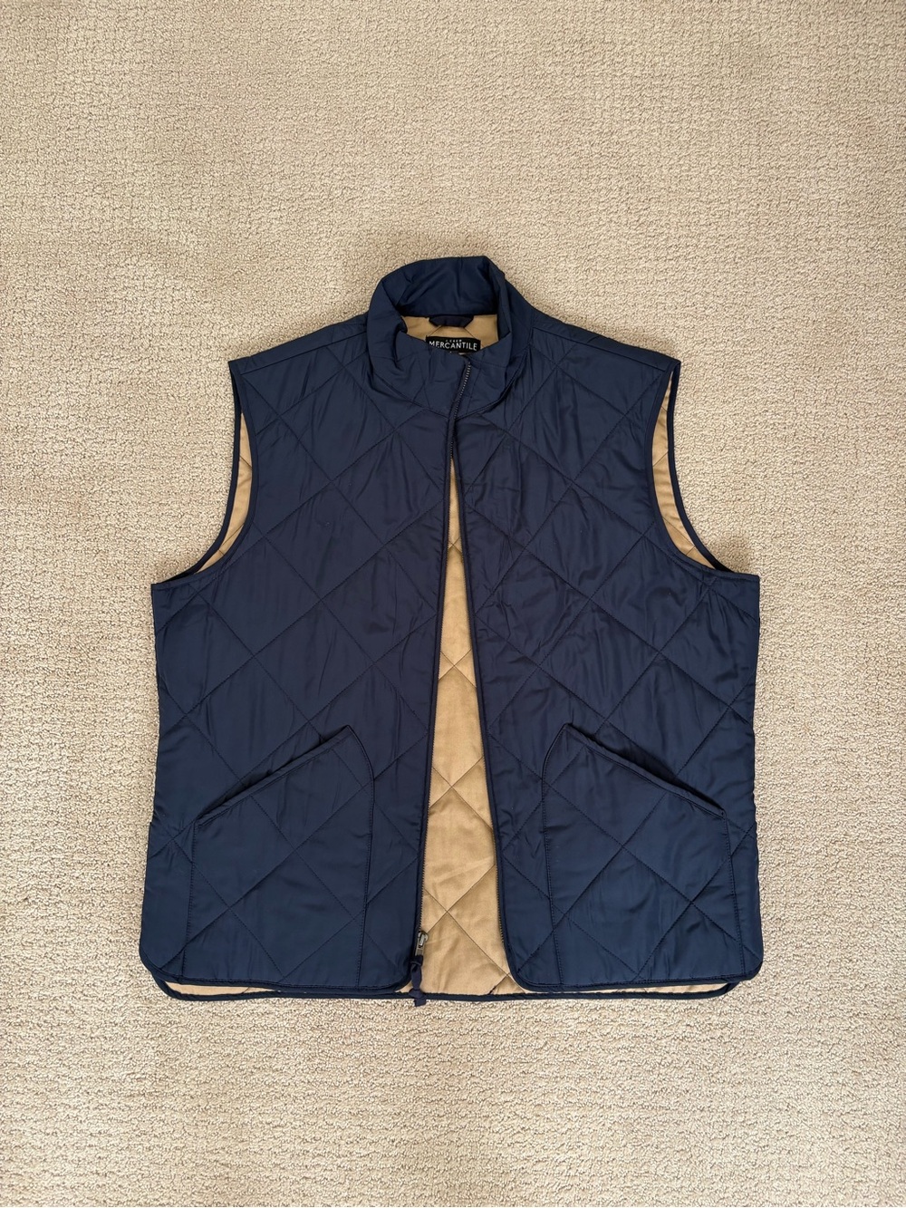 J. Crew Mercantile Quilted Navy Vest with Tan Interior